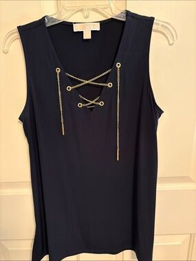Michael Kors Navy Sleeveless Tank with Gold Chain Lace-Up